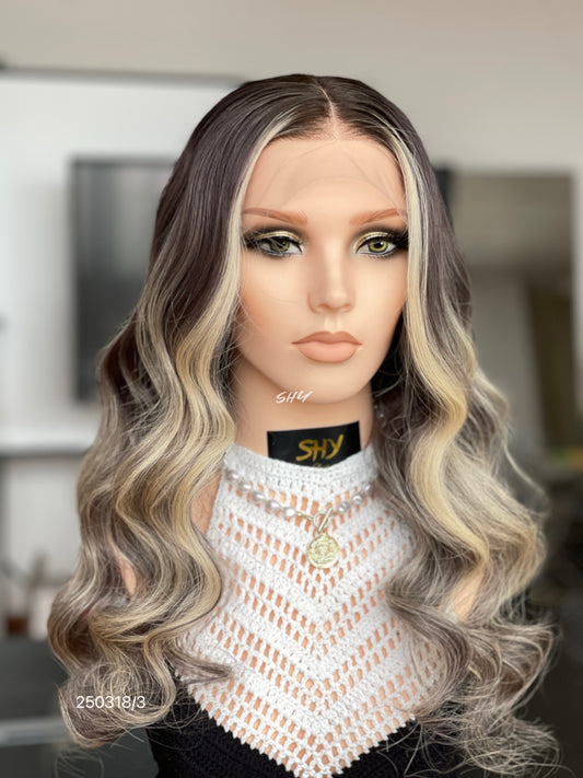 Ash Brown Blonde Highlighted Middle-Part Body Wave Human Hair Lace Front Glueless Medical Wig, product view 1