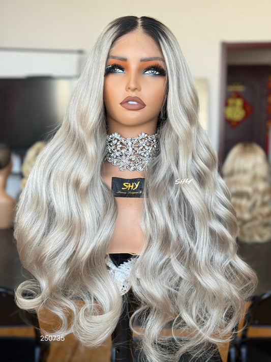 Silver Ash Blonde Middle-Part Body Wave Human Hair Lace Front Glueless Medical Wig, product view 1