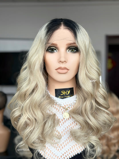 Black Root Blonde Middle-Part Loose Wave Human Hair Lace Front Glueless Medical Wig, product view 1