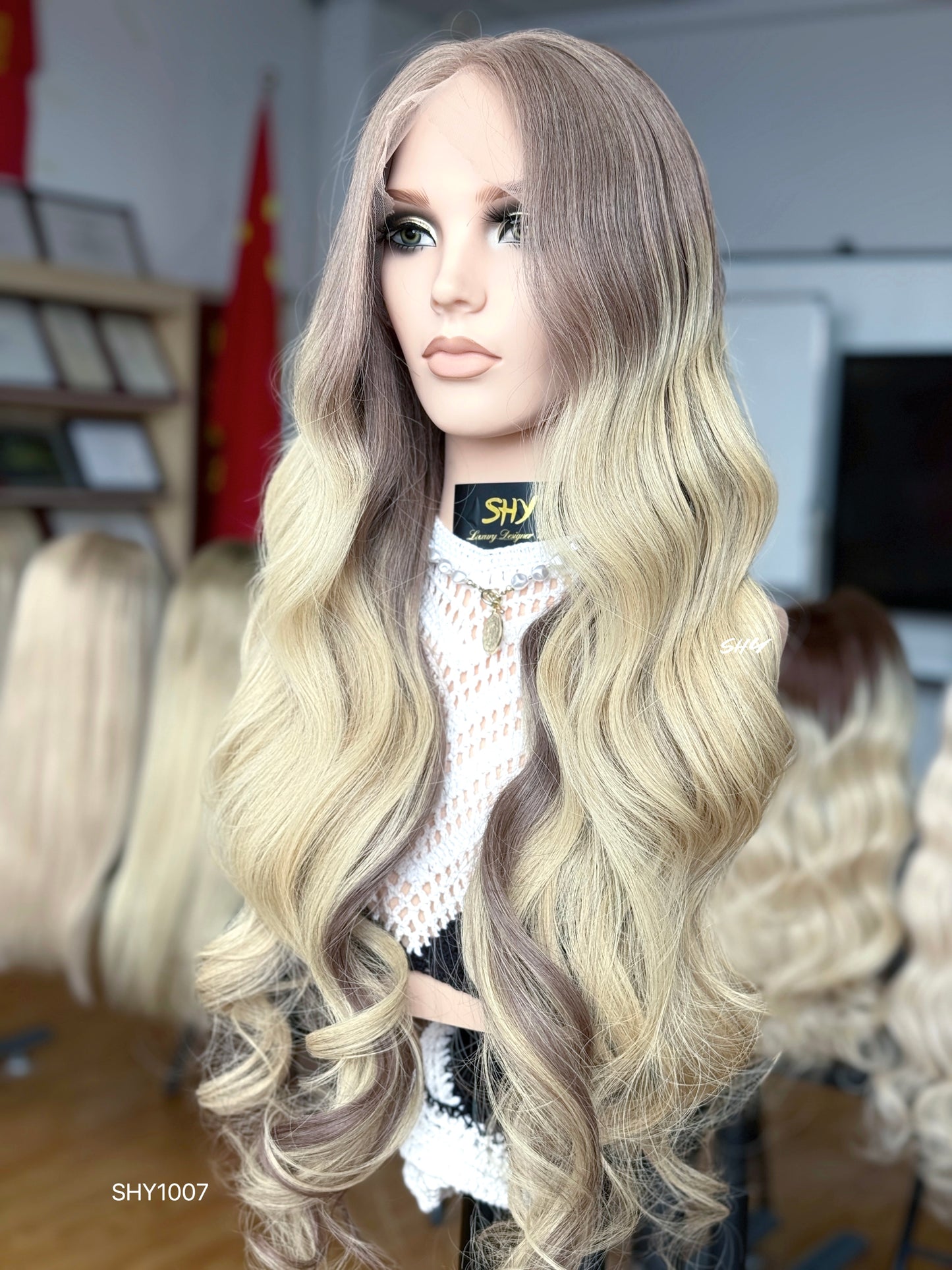 Rose Brown Root Blonde Middle-Part Body Wave Human Hair Lace Front Glueless Medical Wig, product view 1