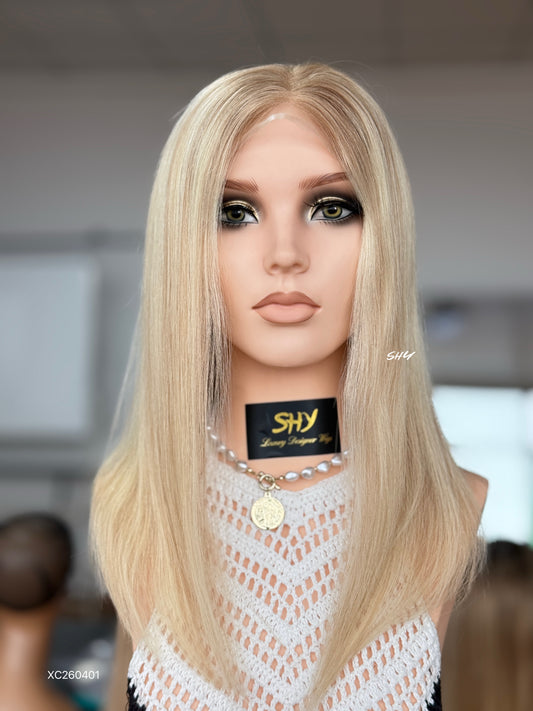 Light Blonde Side-Part Shoulder-Length Straight Human Hair Lace Front Glueless Medical Wig, product view 1