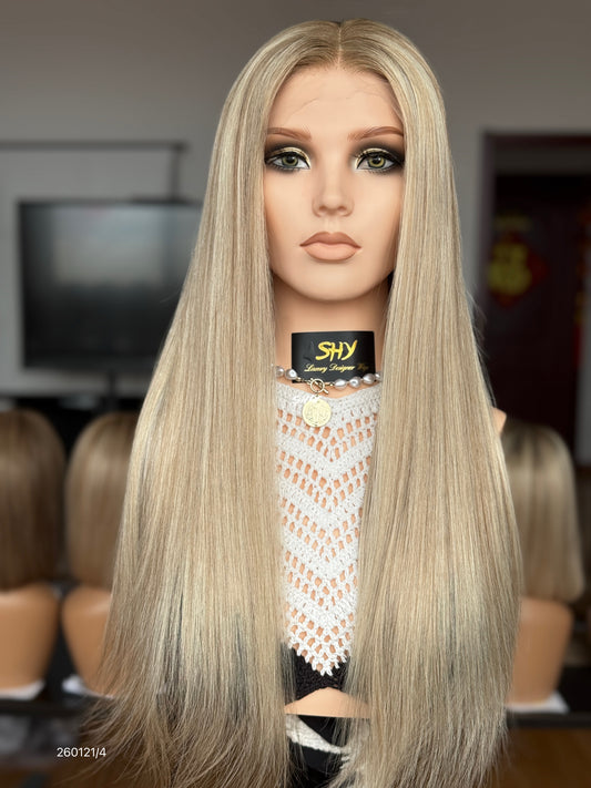 Soft Light Blonde Middle-Part Long Straight Human Hair Lace Front Glueless Medical Wig, product view 1