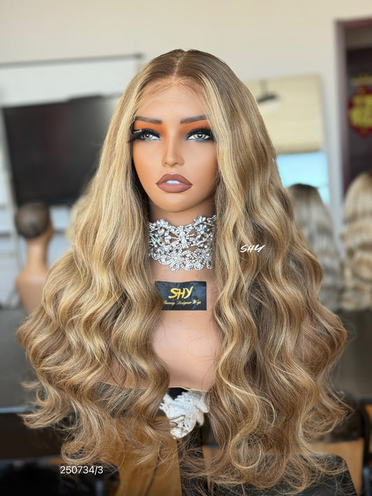 Honey Brown Blonde Highlighted Middle-Part Body Wave Human Hair Lace Front Glueless Medical Wig, product view 1