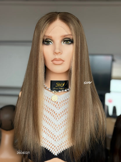 Taupe Ash Brown Highlighted Middle-Part Long Straight Human Hair Lace Front Glueless Medical Wig, product view 1