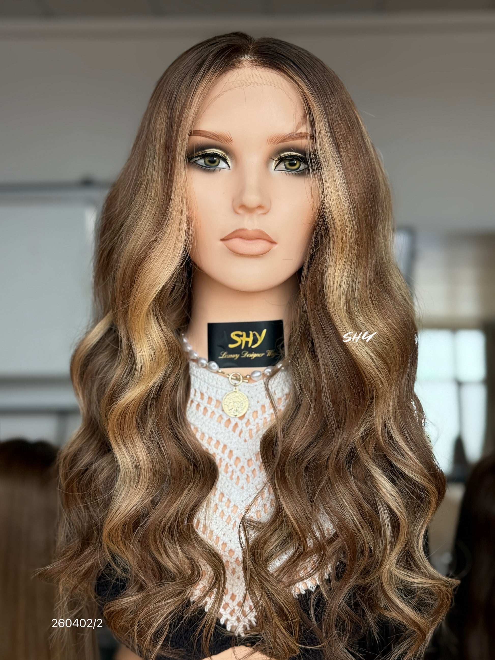 Brown Blonde Highlighted Middle-Part Long Wavy Human Hair Lace Front Glueless Medical Wig, product view 1