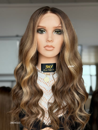Brown Blonde Highlighted Middle-Part Long Wavy Human Hair Lace Front Glueless Medical Wig, product view 1