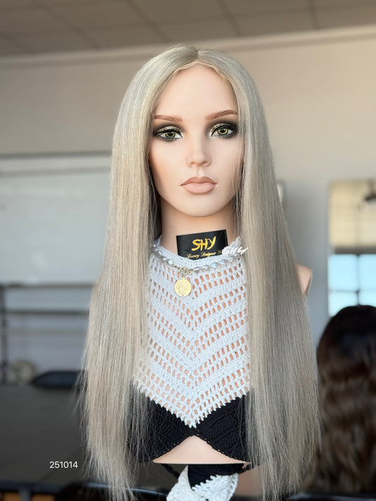 Silver Blonde Middle-Part Long Straight Human Hair Lace Front Glueless Medical Wig, product view 1