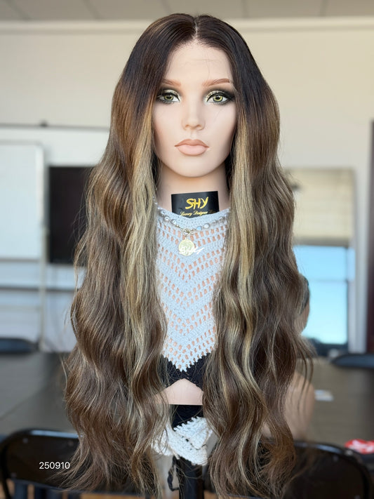 Dark Brown Highlighted Middle-Part Long Wavy Human Hair Lace Front Glueless Medical Wig, product view 1