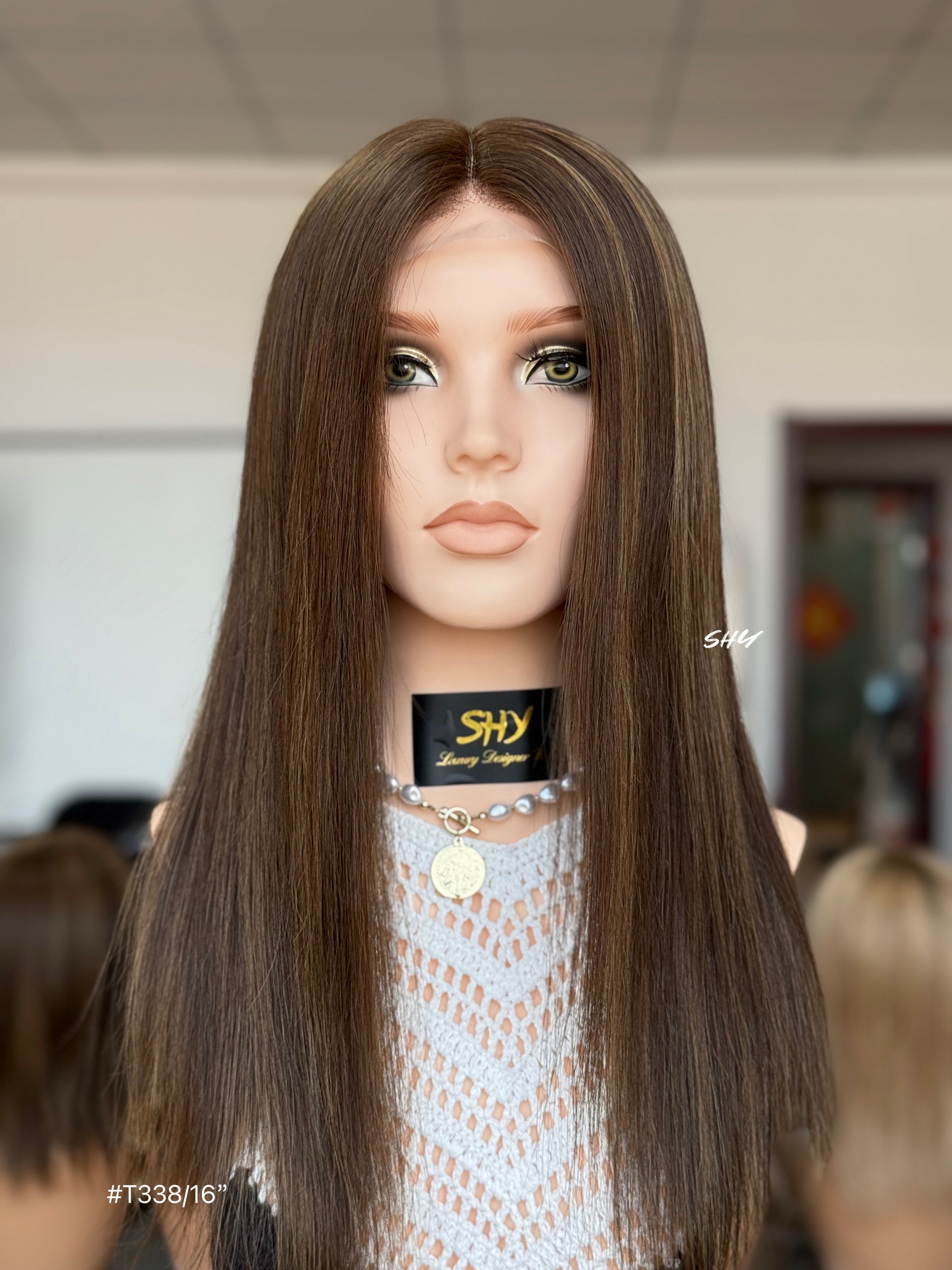 Chocolate Brown Highlighted Middle-Part Long Straight Human Hair Lace Front Glueless Medical Wig, product view 1
