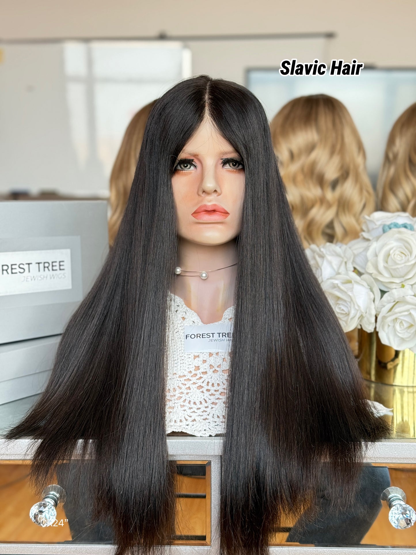 Jet Black Middle-Part Long Straight Human Hair Sheitel Wig, product view 1