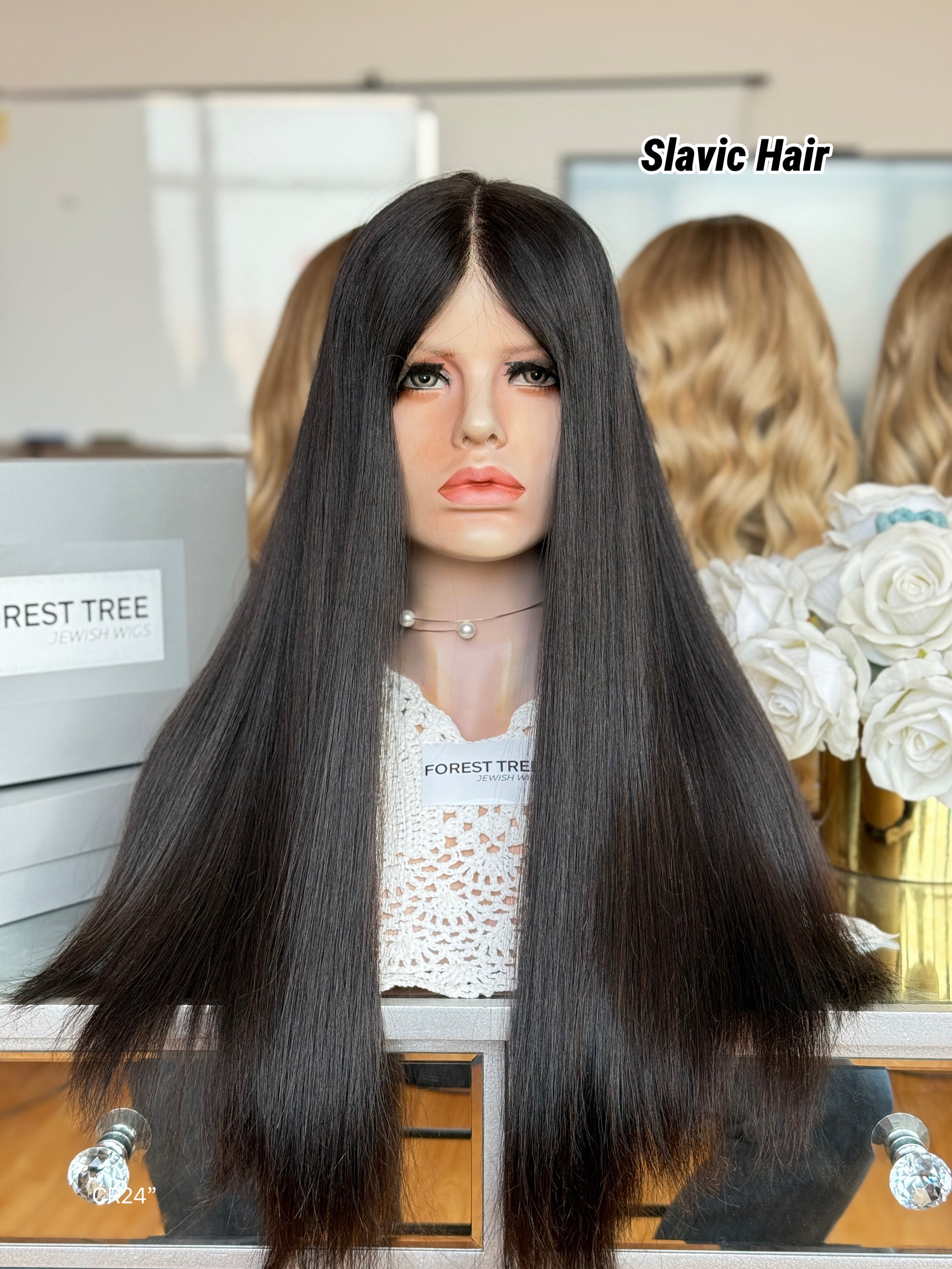 Jet Black Middle-Part Long Straight Human Hair Sheitel Wig, product view 1
