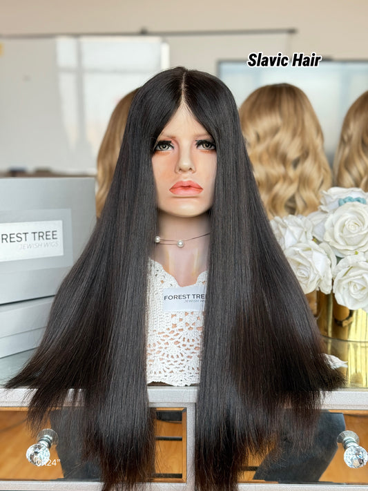 Jet Black Middle-Part Long Straight Human Hair Sheitel Wig, product view 1