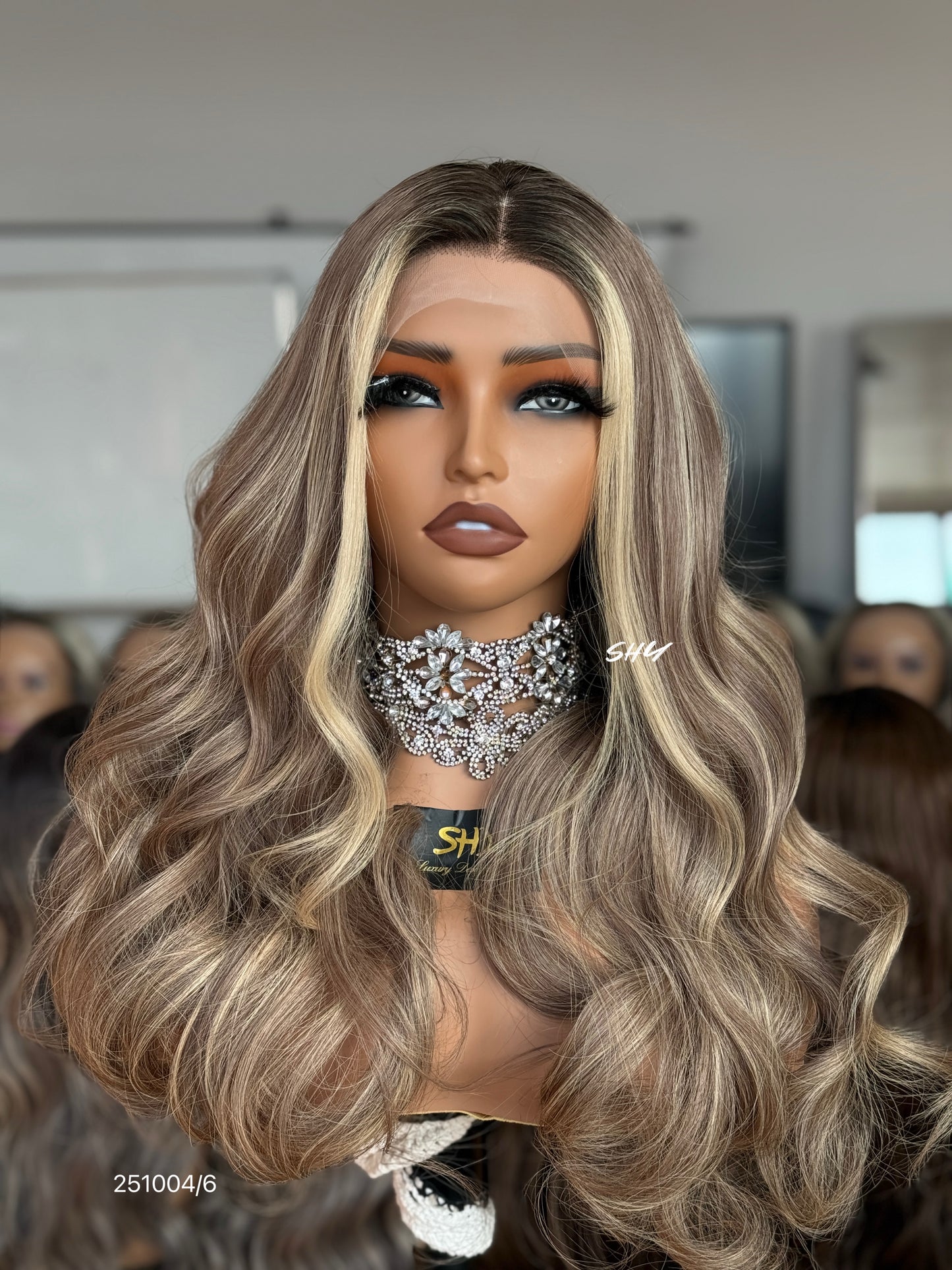Ash Blonde Highlighted Side-Part Long Wavy Human Hair Lace Front Glueless Medical Wig, product view 1