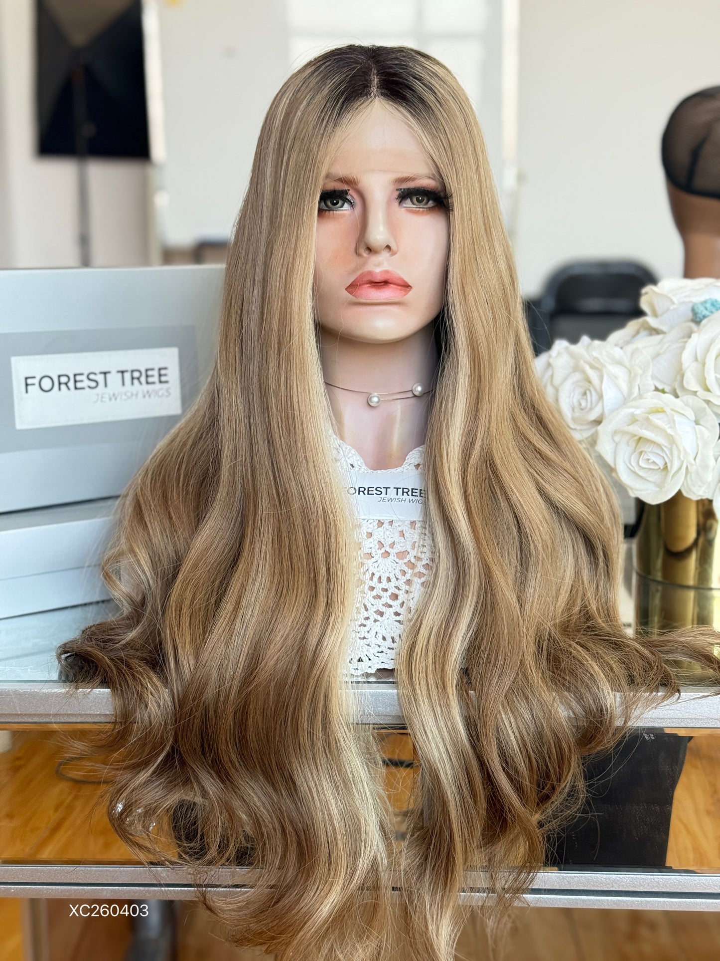 Dark Root Sandy Blonde Middle-Part Long Wavy Human Hair Sheitel Wig, product view 1