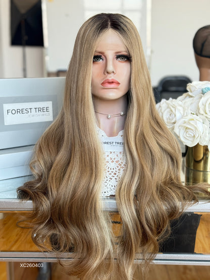 Dark Root Sandy Blonde Middle-Part Long Wavy Human Hair Sheitel Wig, product view 1