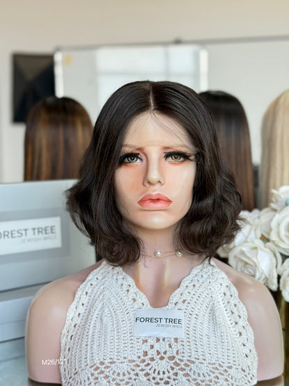 Dark Ash Brown Middle-Part Short Wavy Bob Human Hair Sheitel Wig, product view 1