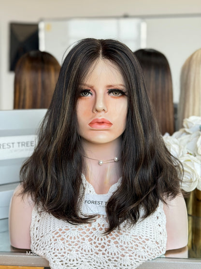 Dark Ash Brown Middle-Part Shoulder-Length Wavy Human Hair Sheitel Wig, product view 1