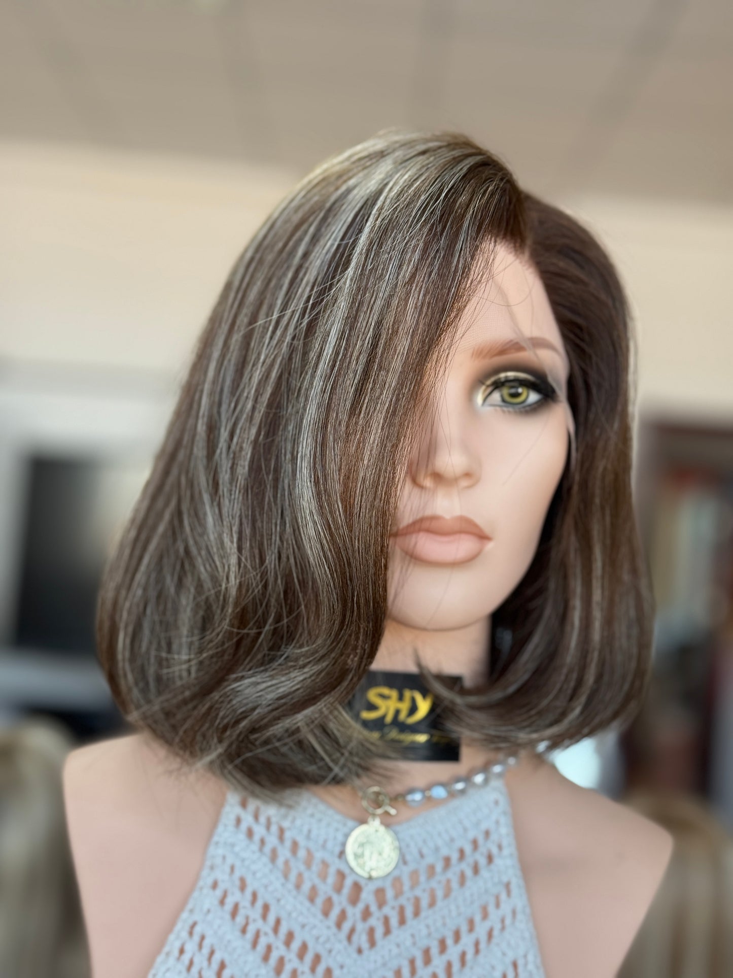Highlighted Ash Brown Side-Part Short Bob Human Hair Sheitel Wig, product view 1