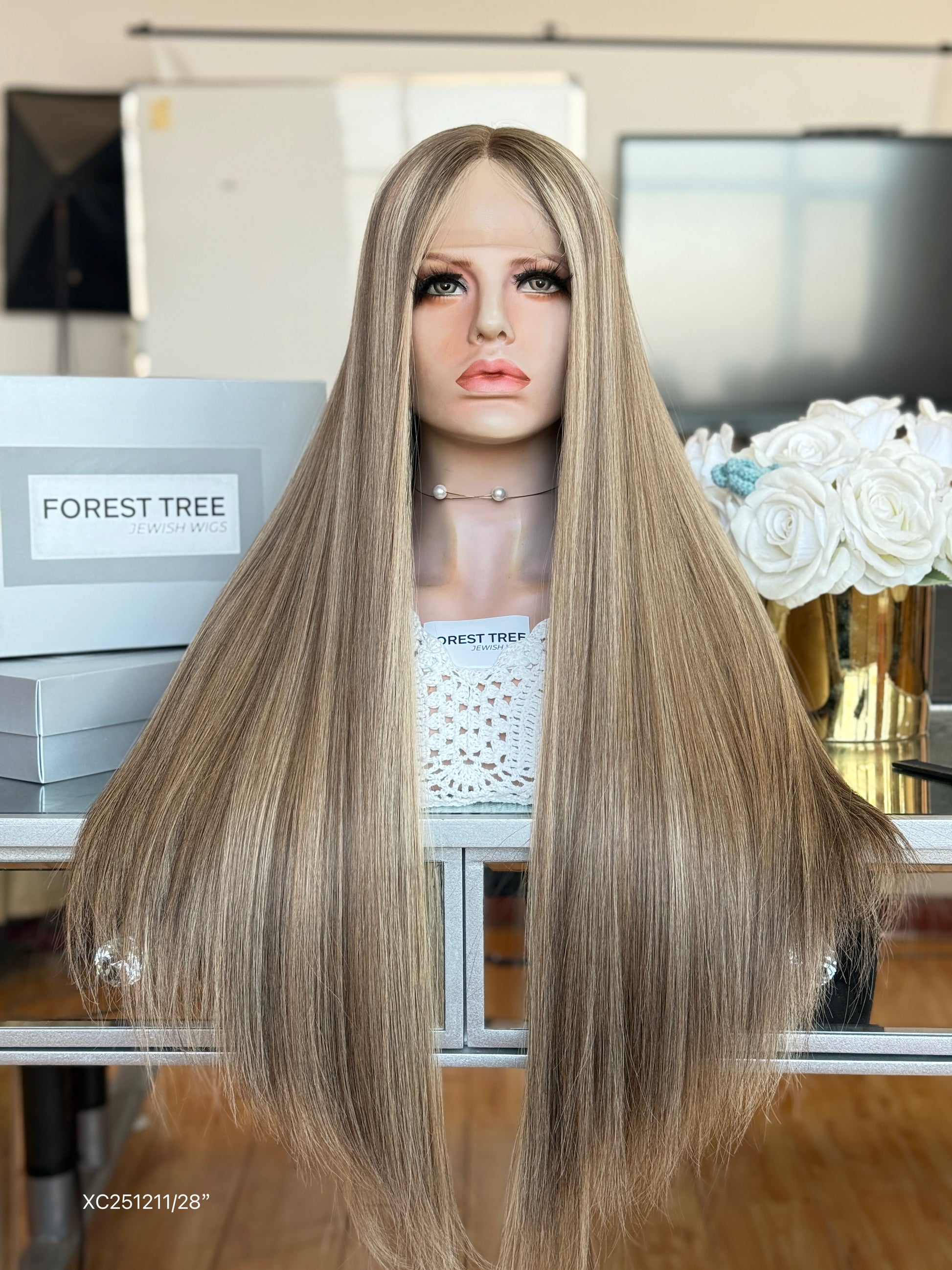 Light Ash Blonde Middle-Part Long Straight Human Hair Sheitel Wig, product view 1