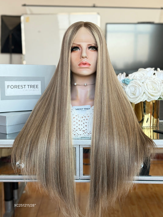 Light Ash Blonde Middle-Part Long Straight Human Hair Sheitel Wig, product view 1