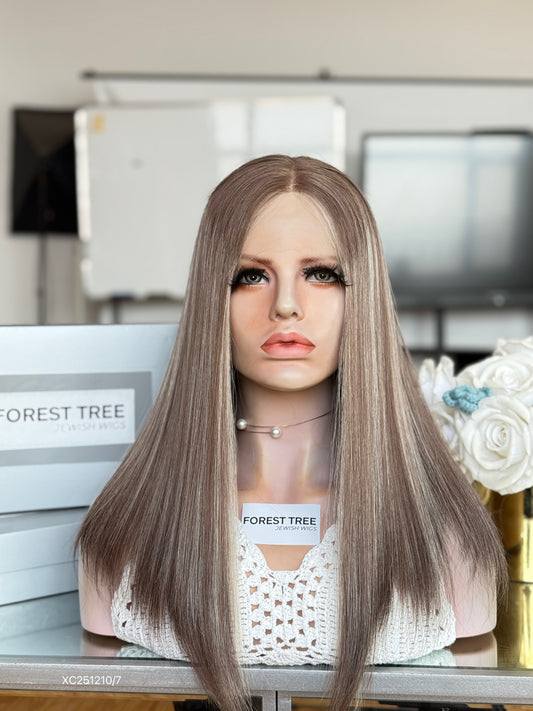 Smoky Ash Brown Middle-Part Long Straight Human Hair Sheitel Wig, product view 1