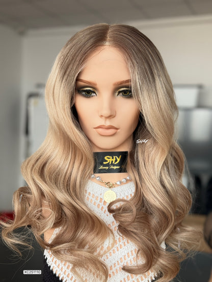 Ash Beige Blonde Middle-Part Long Wavy Human Hair Lace Front Glueless Medical Wig, product view 1