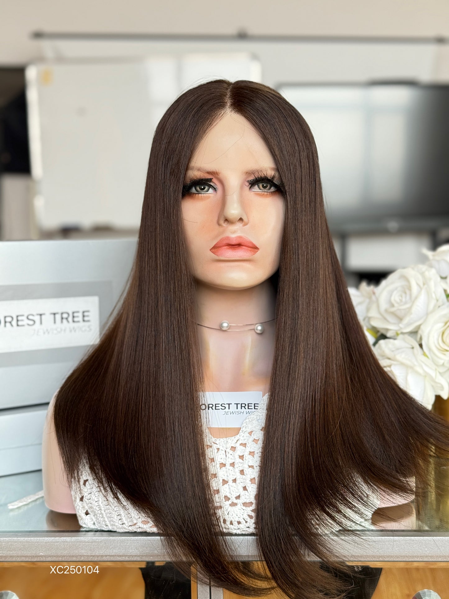 Deep Walnut Brown Middle-Part Long Straight Human Hair Sheitel Wig, product view 1