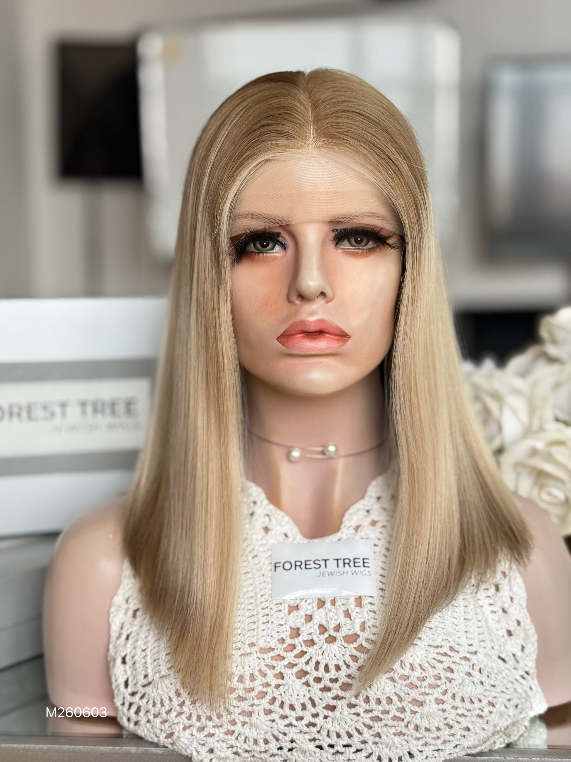 Champagne Blonde Middle-Part Shoulder-Length Straight Human Hair Sheitel Wig, product view 1
