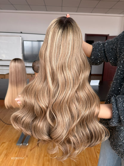 Dark Root Honey Blonde Middle-Part Long Wavy Human Hair Sheitel Wig, product view 1
