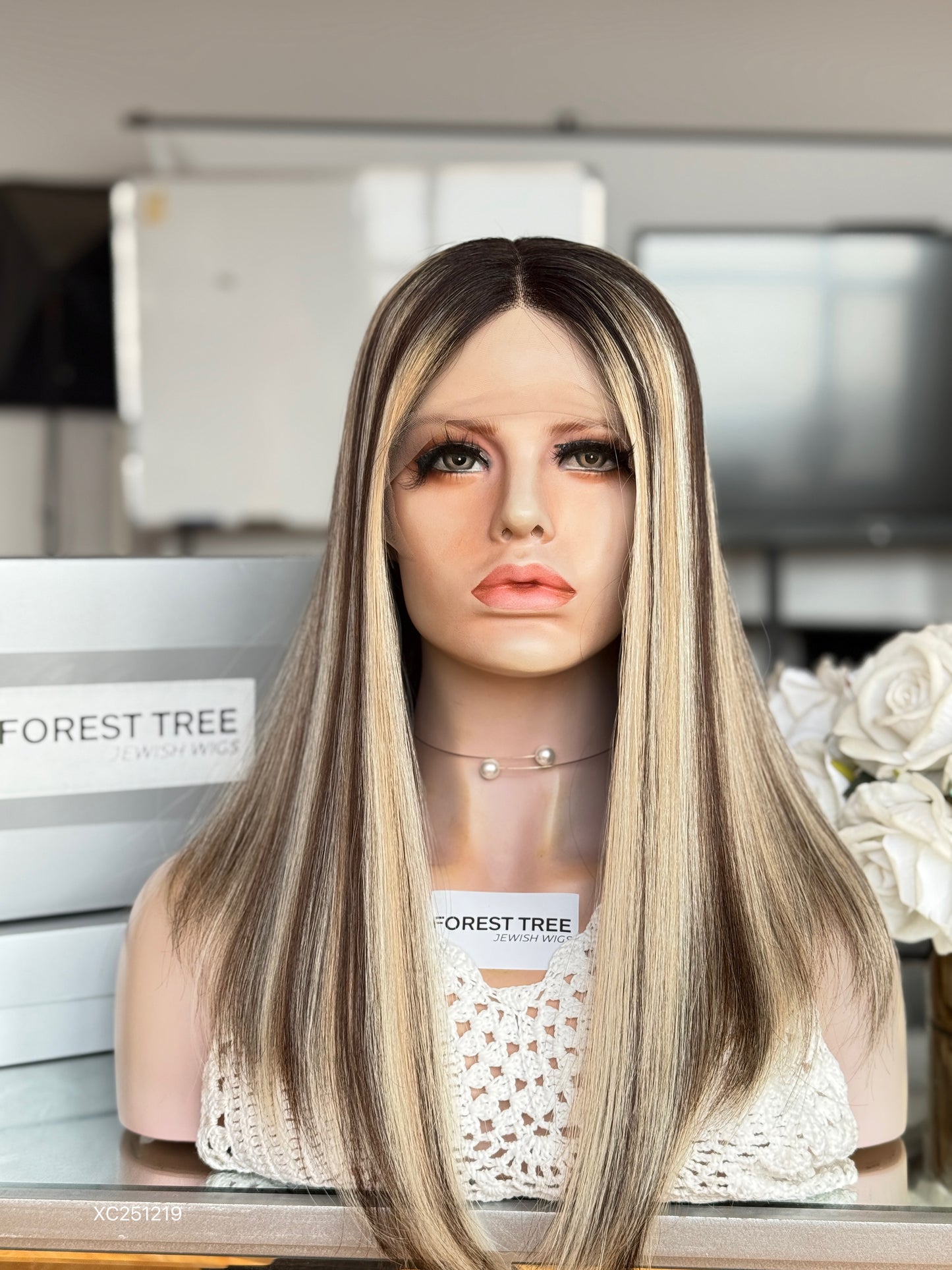 Dark Root Highlighted Blonde Middle-Part Long Straight Human Hair Sheitel Wig, product view 1
