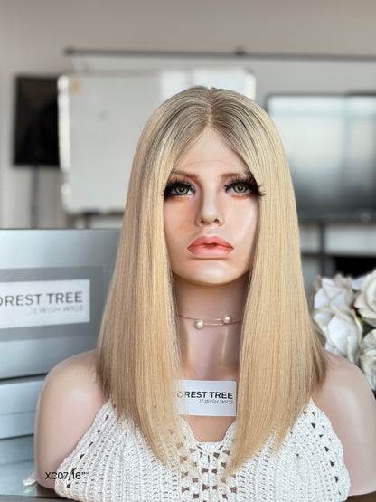 Light Blonde Middle-Part Shoulder-Length Straight Human Hair Sheitel Wig, product view 1