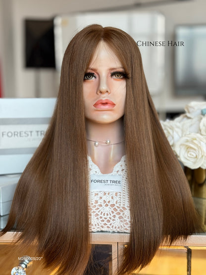 Light Walnut Brown Middle-Part Long Straight Human Hair Sheitel Wig, product view 1
