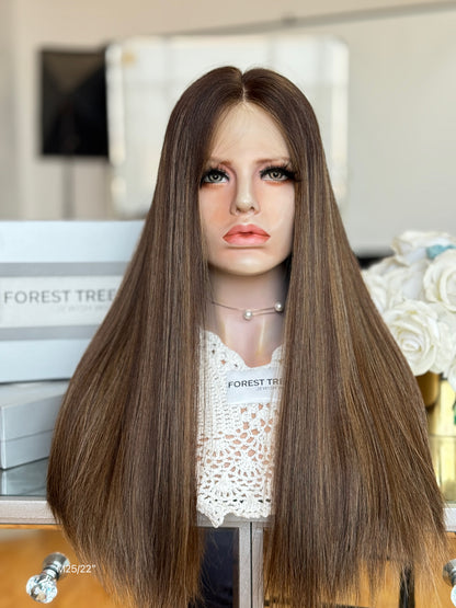 Neutral Ash Brown Middle-Part Long Straight Human Hair Sheitel Wig, product view 1