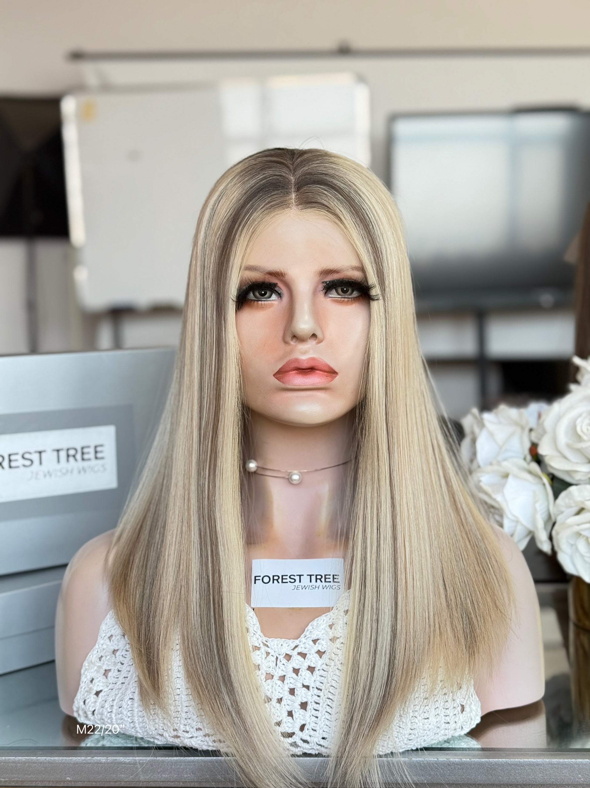 Cream Highlighted Blonde Middle-Part Long Straight Human Hair Sheitel Wig, product view 1