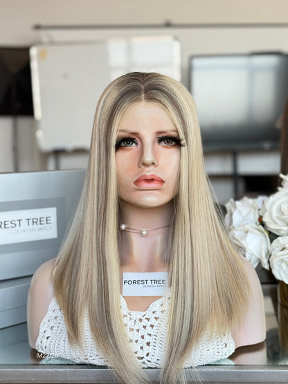 Cream Highlighted Blonde Middle-Part Long Straight Human Hair Sheitel Wig, product view 1