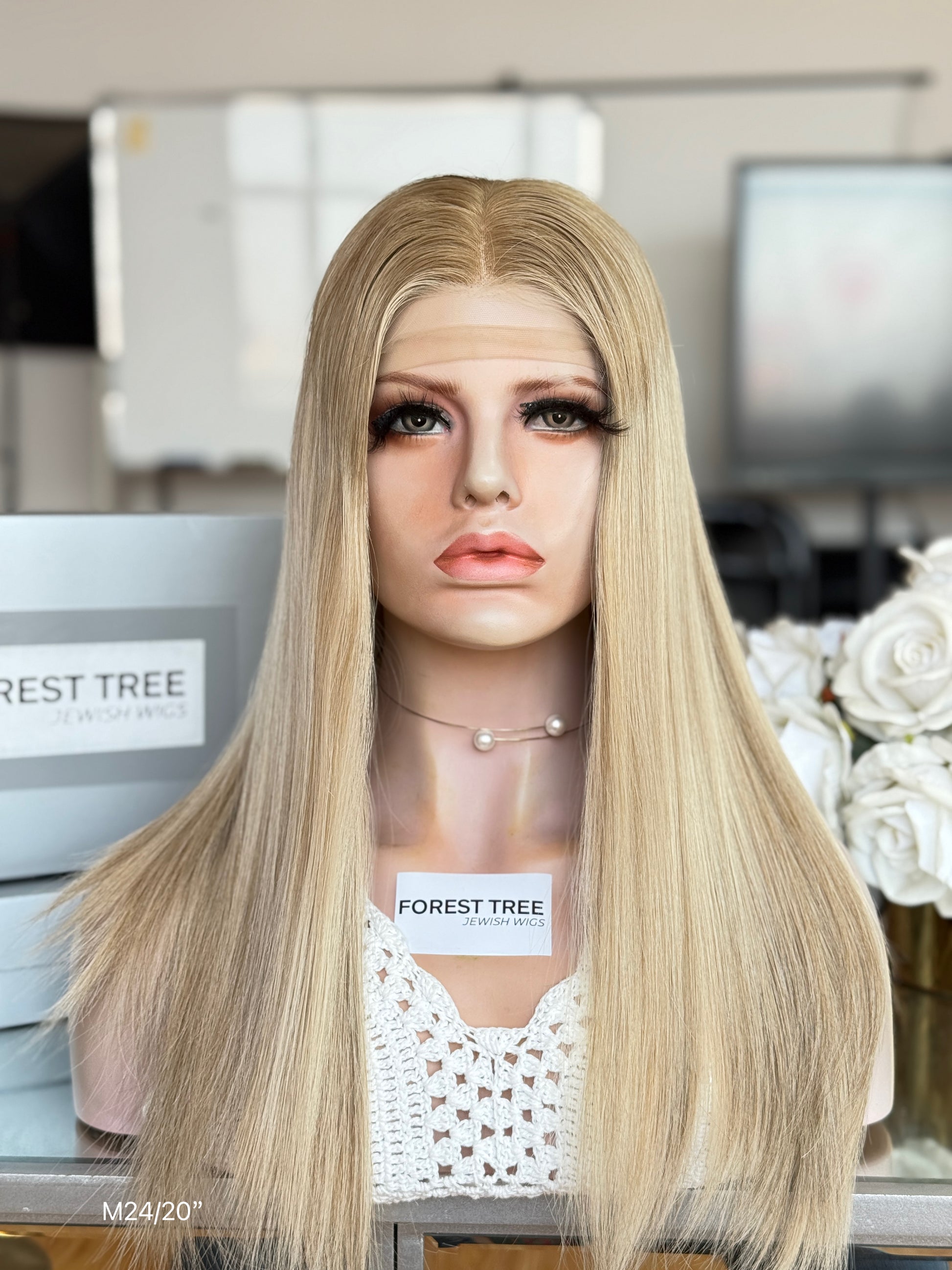 Pale Blonde Middle-Part Long Straight Human Hair Sheitel Wig, product view 1