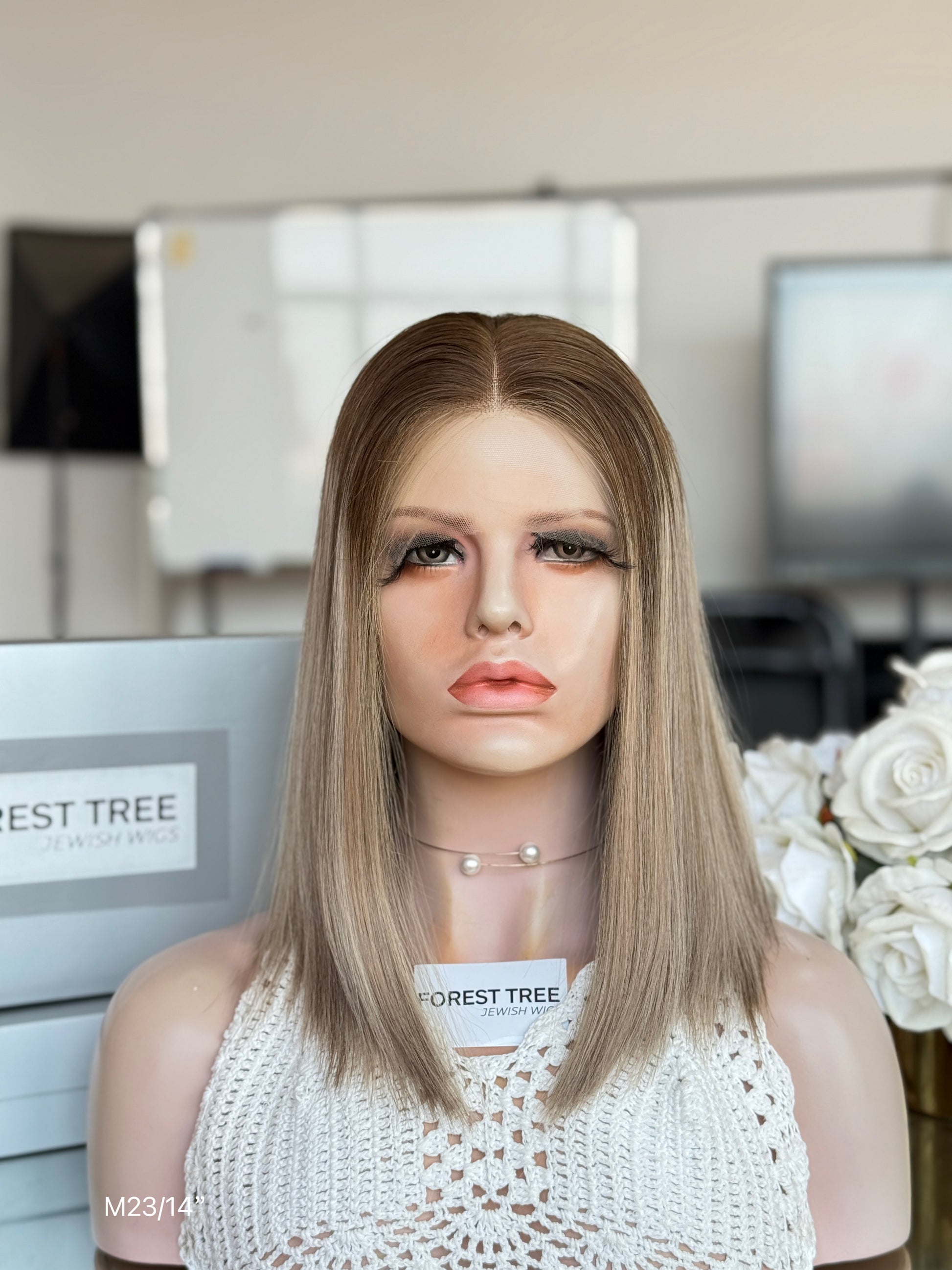 Champagne Ash Blonde Middle-Part Shoulder-Length Straight Human Hair Sheitel Wig, product view 1