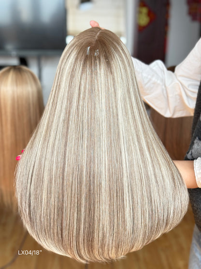 Highlighted Ash Blonde Middle-Part Shoulder-Length Straight Human Hair Sheitel Wig, product view 1