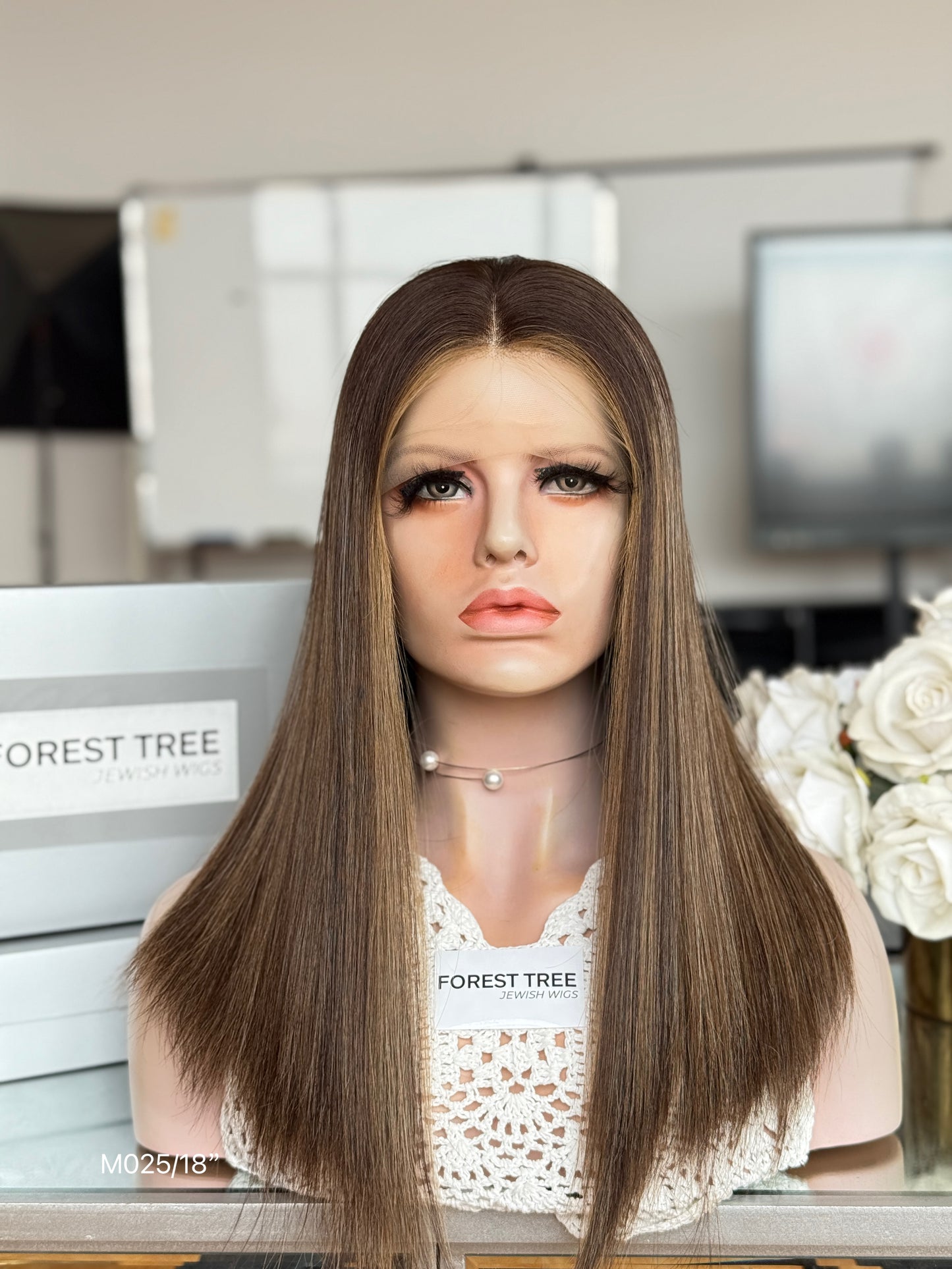 Smoked Ash Brown Middle-Part Long Straight Human Hair Sheitel Wig, product view 1