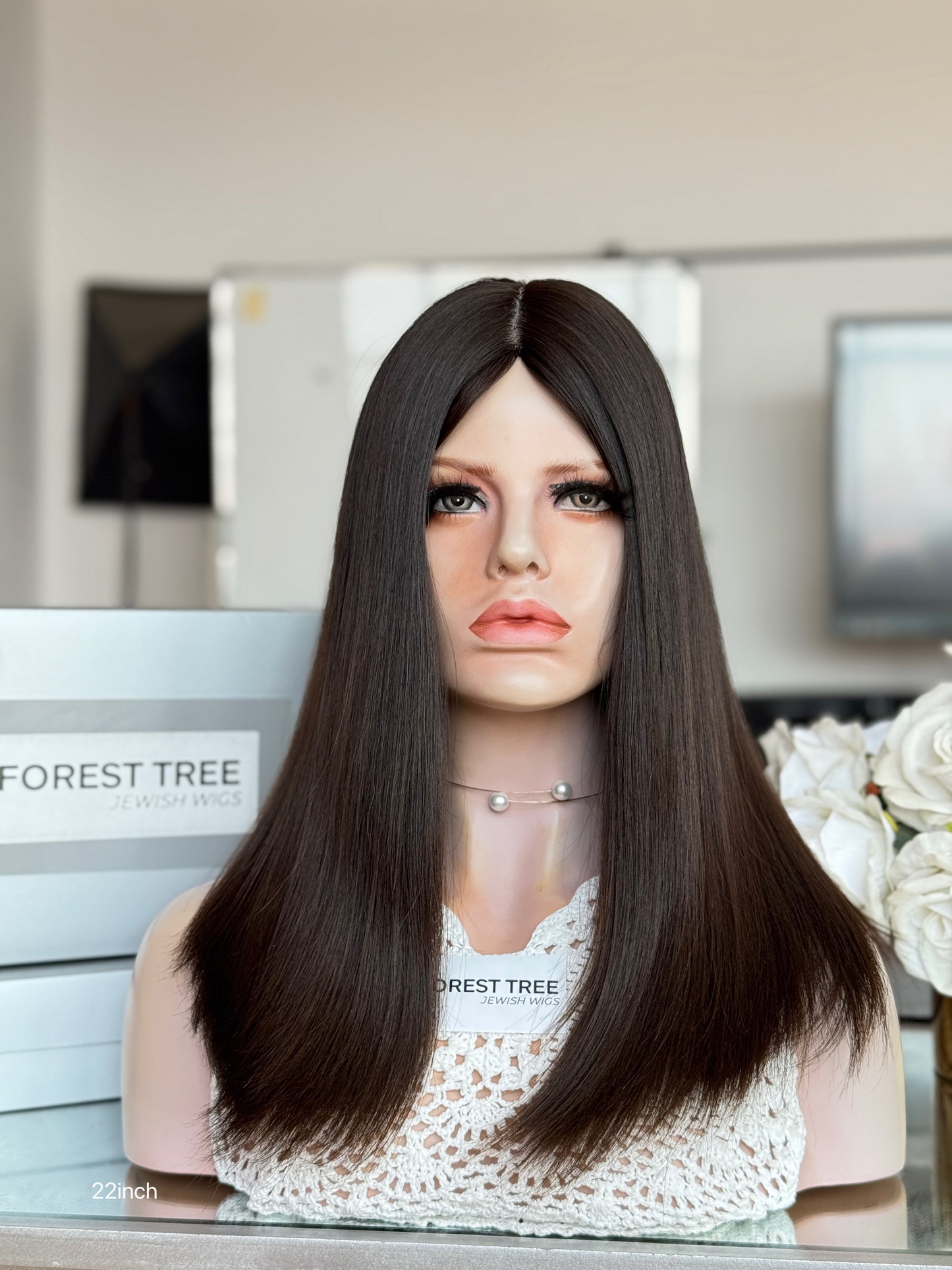 Dark Chocolate Brown Middle-Part Long Straight Human Hair Sheitel Wig, product view 1