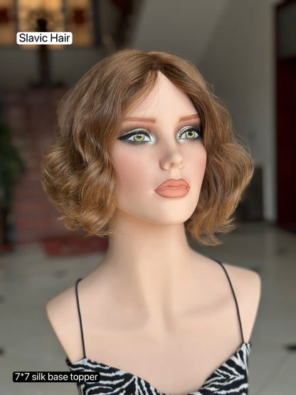 Light Ash Brown Short Curly Bob Human Hair Sheitel Wig, product view 1