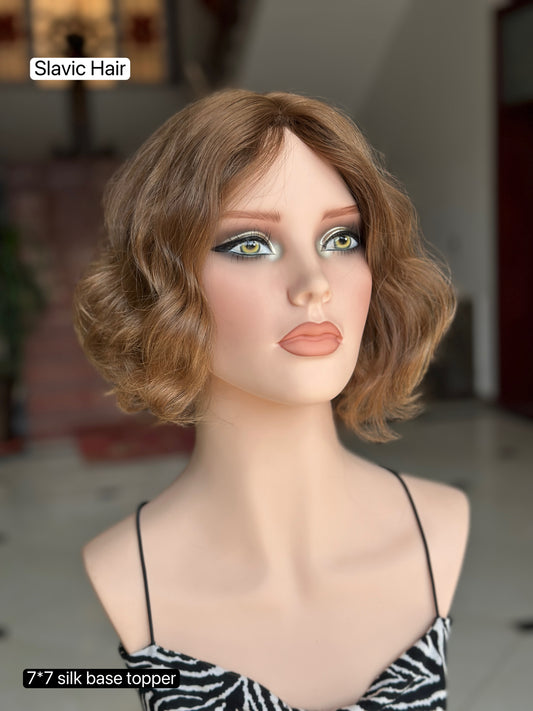 Light Ash Brown Short Curly Bob Human Hair Sheitel Wig, product view 1