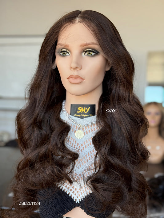 Deep Chocolate Brown Side-Part Long Wavy Human Hair Lace Front Glueless Medical Wig, product view 1