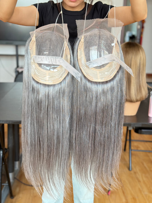 Silver Ash Blonde Long Straight Human Hair Topper Mini Wig, product view 2 — alternate view