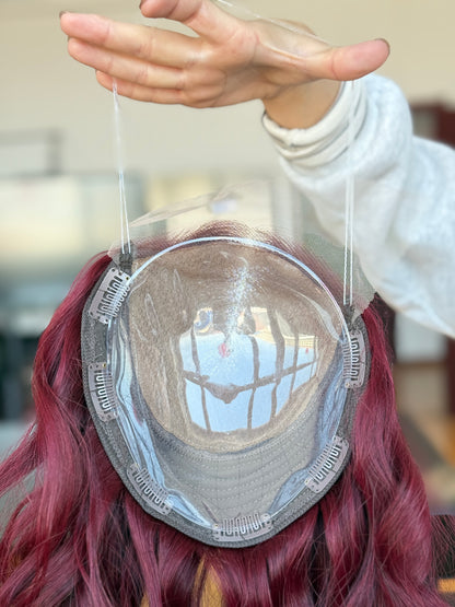 Burgundy Red Long Wavy Human Hair Topper Mini Wig, product view 2
