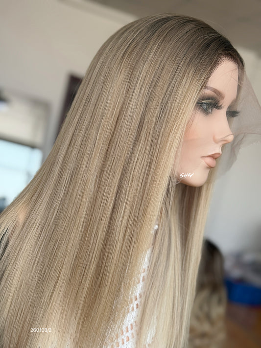 Light Ash Blonde Highlighted Middle-Part Straight Human Hair Lace Front Glueless Medical Wig, product view 2 — alternate view