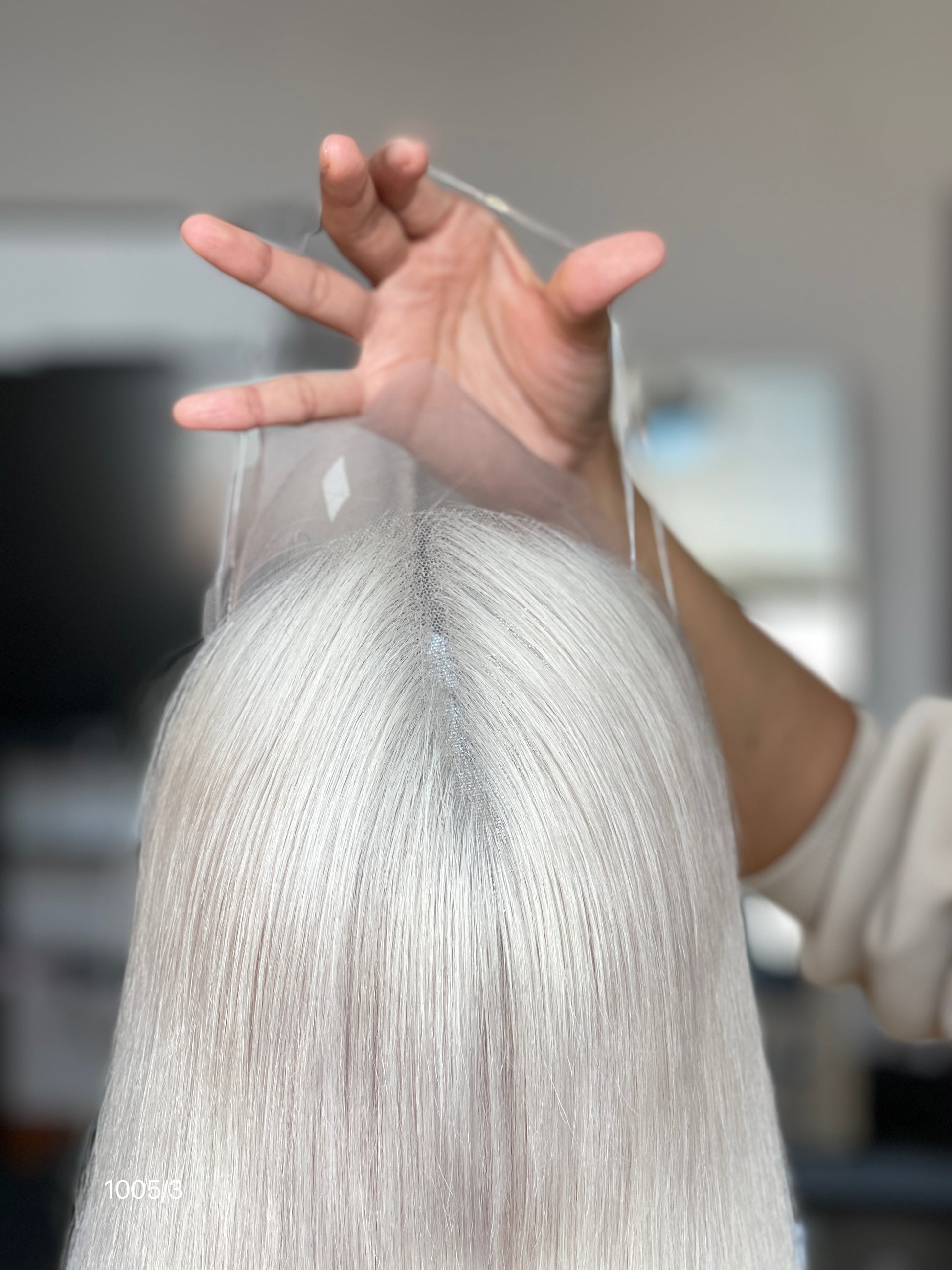Silver Ash Blonde Long Straight Human Hair Topper Mini Wig, product view 2