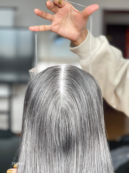 Cool Silver Ash Blonde Long Straight Human Hair Topper Mini Wig, product view 2