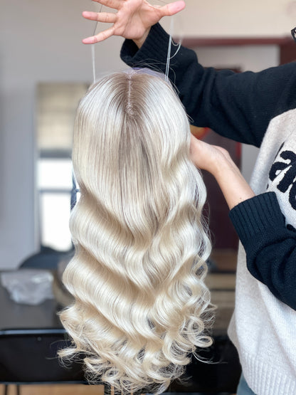 Ash Blonde Center-Part Long Wavy Human Hair Topper Mini Wig, product view 2