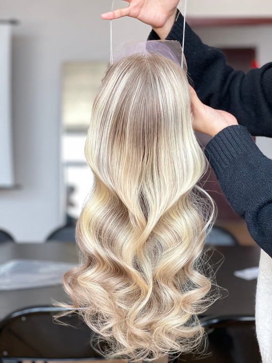 Ash Blonde Center-Part Long Wavy Human Hair Topper Mini Wig, product view 2 — alternate view